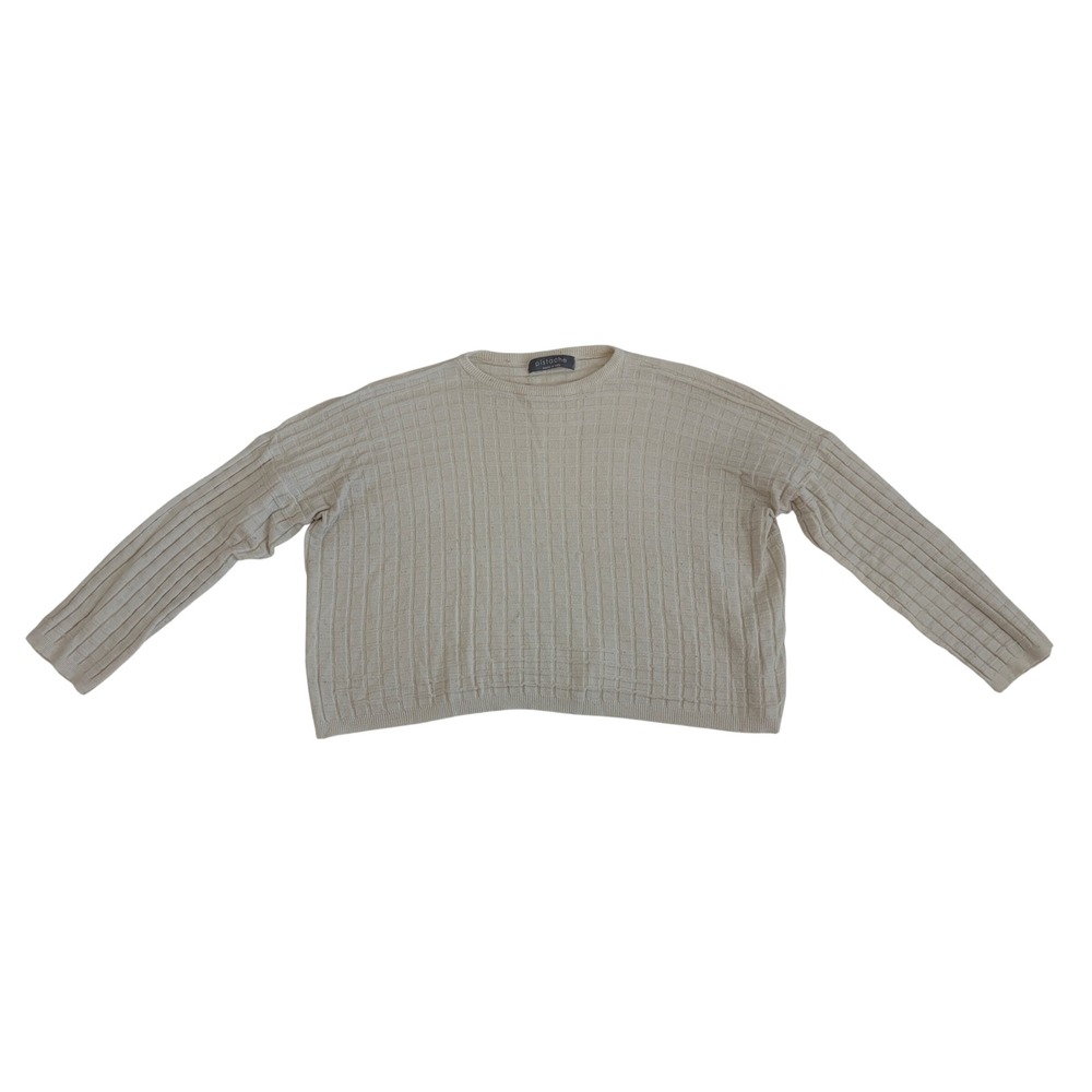 Pistache Italy Cream Textured Grid Knit Boxy Crew Neck Sweater Womens Size S/M